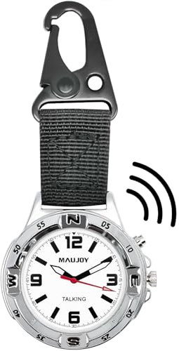 MAUJOY Men's English Talking Watch Keychain & Carabiner Clip-on Quartz Watch, Clip-on for Backpack, Belt,Ideal for Visually Impaired, Blind, Elderly;Rock Climbers,Doctors,Nurses
