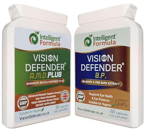 Vision Defender A.M.D. Plus & BP Pack Cuidado Ocular - AREDS2 Luteína Zeaxantina Arándano Corteza de Pino - Meso-Zeaxantina Cobre Zinc - Vitaminas Ojos para Visión - 120 Cápsulas - UK