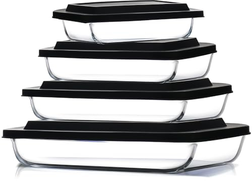EATEX 8-Piece Deep Glass Casserole Dishes for Oven with Plastic Lids, Glass Baking Dishes for Oven, Rectangular Bakeware for Lasagna, Cooking, Leftovers, Kitchen, Freezer to Oven Dishwasher Safe