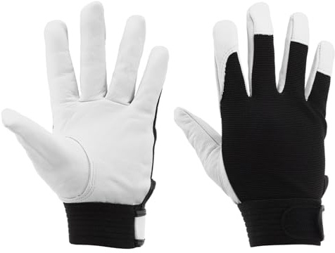 sourcing map Goatskin Leather Work Gloves with Hook and Loop, Breathable Driver Gloves Garden Glove for Driving, Gardening, Welding, Construction, White, XL, Pair of 1