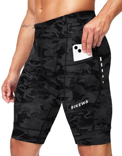 Bikewa Padded Bike Shorts for Men 4D Cycling Road Riding Biking Padding Bicycle Shorts with Phone Pockets(Camo Black,L)