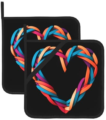 WHJWZY Set di 2 presine da cucina resistenti al calore e durevoli, con corda per appenderla, stampa a forma di cuore intrecciata