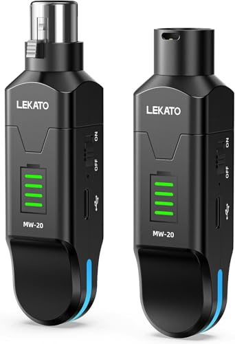 LEKATO MW-20 Wireless XLR Transmitter Receiver, Phantom Power for Condenser Mic, 2.4ghz Wireless Microphone Xlr System High-Resolution for Dynamic Mic, PA System, Audio Mixer, Black, 48V