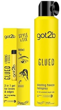 Got2B Glued Blasting Freeze Hairspray 300 ml, for up to 72h Ultra Strong Hold, for Extreme Hairstyles and Glued 4 Brows & Edges 2in1 Gel 16 ml, for Long-Lasting Looks, Fast Drying Gel