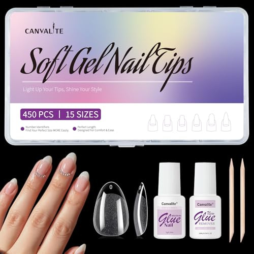 Canvalite Short Almond Fake Nails, Short Basic Gel Nail Tips For Diy Full Cover - 450PCS Most Forgiving Almond Shape Press On Nail Extensions At Home, 15 Sizes Gelly Tips