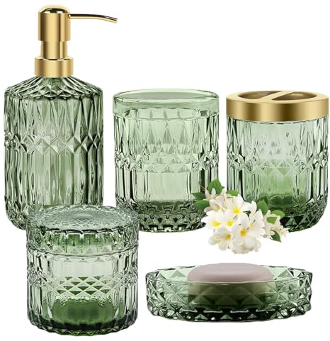 Glas-Badezimmer-Accessoires-Set, 5-teiliges grünes Waschtisch-Organizer-Set | Beinhaltet Seifenspender für das Waschbecken, Zahnbürstenhalter, Wattestäbchenbehälter, Seifenschale und Badebecher.