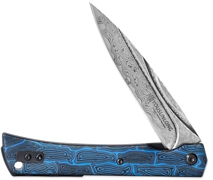 YOUSUNLONG Coltello pieghevole da campeggio - Lama in acciaio damasco martellato - Rivestimento in G10 con struttura in damasco blu