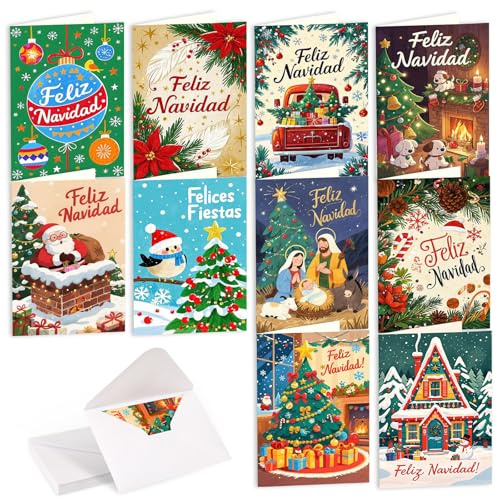 Augshy 20pcs Tarjetas Navidad Españolas con Sobres, 10 Diseños Únicos (2 Cada Uno), Feliz Navidad, Cartas Navideñas de 20x15cm, Regalo Familiar y Amigos