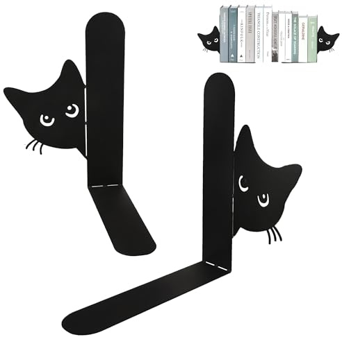 2 Stück Buchstützen Metall Buchstütze Katze Schwarz Hidden Bücherhalter Lustige Bücherstützen Katze Bücherstütze Bücherregal Deko für Schule, Büro und Zuhause