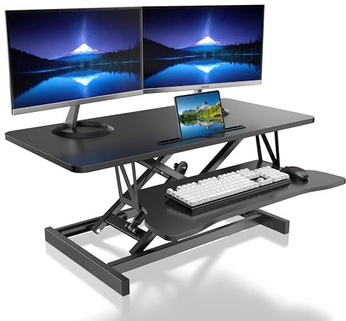 Steh-Sitz Schreibtisch Steharbeitsplatz Stehpult Stehtisch Ergonomische Höhenverstellbar, Arbeitsplatz für zwei Monitore und Laptops mit großer Tastaturablage, Steh-Sitz-Aufsatz für Büro (90CM)