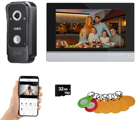 Timbre Inalámbrico con Cámara,Videoportero 4 Hilos,Detección Humana PIR,Audio Bidireccional,Timbre Casa,Visión Nocturna,Cámara Exterior Impermeable de 1080p,Desbloquear (1 timbre + 1 monitor)