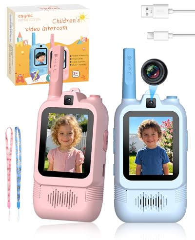 eSynic 2PZ Walkie Talkie Video per Bambini con Doppia Fotocamera, Comunicazione Visiva, Portata Fino a 500m, Batteria Ricaricabile, Regalo Perfetto per Compleanni e Festività - Rosa + Blu