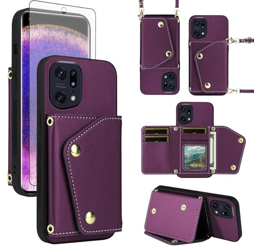 ELISORLI Wallet Case for OPPO Find X5 Pro with Screen Protector Slim Flip Purse Shoulder Strap, Luxury PU Leather Card Holder Stand Accessories Cell Phone Cover for FindX5Pro 5G Women Men Deep Purple