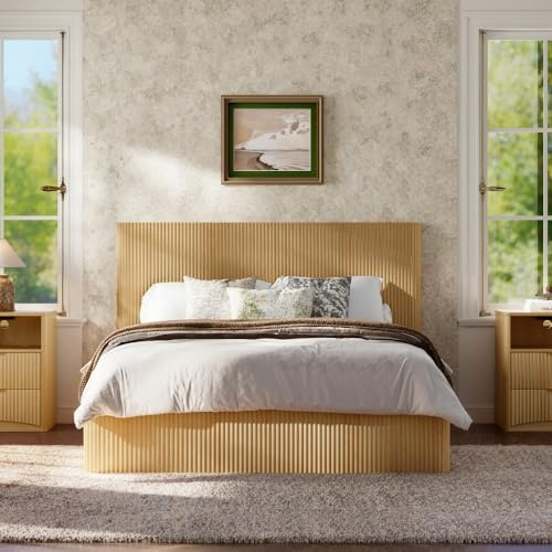 Hmluxury Modernes Bett mit Rillendesign & hydraulischem Liftsystem – großer Stauraum, stabile Massivholzlatten, Pflegeleichte Oberfläche – 160x200 cm – Hell Eiche