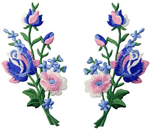 Patch brodé en forme de Fleurs rétro, Bouquet Boho Rose, à coudre ou à coller avec fer à repasser, Rose Bleu