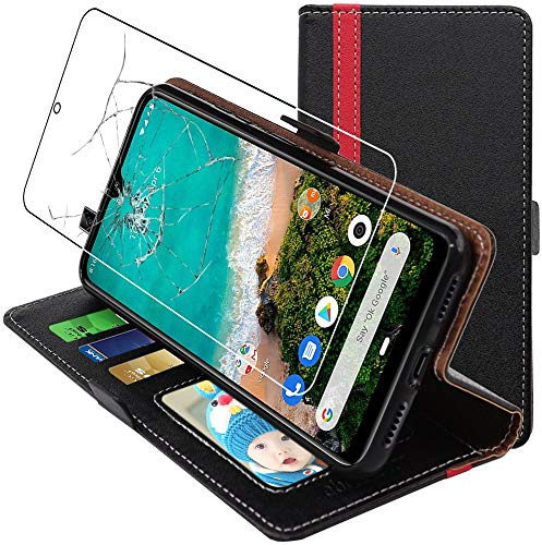 ebestStar - Funda para Xiaomi Mi A3, Carcasa Libro Capa, Protectora Cartera, Cuero PU Soporte Tarjeta, Negro/Rojo + Cristal Templado
