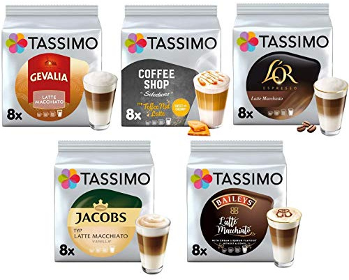 Tassimo Coffee Latte Macchiato Selection- Baileys/L'OR Latte Macchiato/Coffeeshop Selection Toffee-Nut Latte/Jacobs Latte Macchiato Vanilla/Gevalia Latte Macchiato Coffee Pods - 5 Packs (40 Servings)