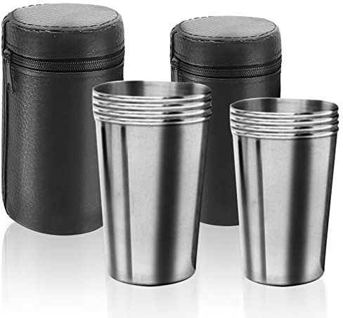 Greyoe Stainless Steel Shot Cups, 8 PCS Silver Stainless Steel Shot Glasses with Black Leather Cases for Travel, Party and Outdoor Camping