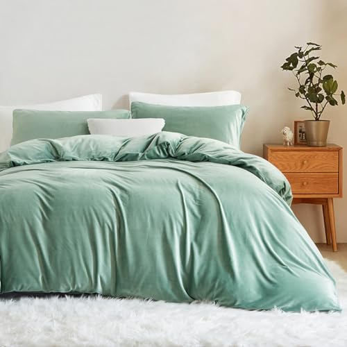 Lanqinglv Ropa de cama de franela de forro polar, 135 x 200 cm, color verde claro y verde claro, de felpa, mullida, ropa de cama de invierno, cálida funda nórdica con cremallera y funda de almohada de