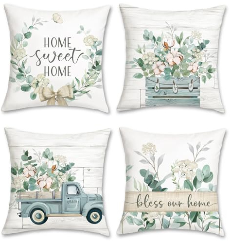 Bonhause 4er Set Kissenbezüge Eukalyptus Blätter 45 x 45 cm Blau LKW Home Sweet Home Samt Soft Dekorative Kissenhülle Zierkissenbezüge für Zuhause Garten Dekoration
