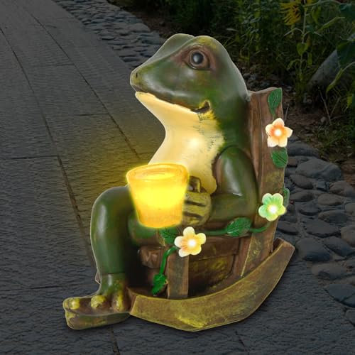 Johiux Updated LED Frog Outdoor Solar Garden Decor Statues, Funny Gnomes, Waterproof Solar Animal Statue Fairy Accessories Balcony Gifts for Women Men
