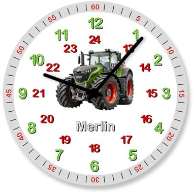 Faramosa Kinder Wanduhr Traktor für Jungen mit Namen Kinderuhr Lernuhr Einschulung Uhr Kinderzimmer ohne Ticken