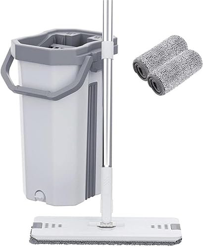 Flacher Bodenwischer und Eimer-Set, Reinigungseimer, freihändiger Boden-Flachwischer, Edelstahlgriff, 2 waschbare und Wiederverwendbare Mikrofaser-Pads für Zuhause, Badezimmer, Küche, Büro,