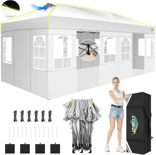COBIZI Gazebo 3x6 con Blocco Centrale a Un Solo Pulsante, Pieghevole Impermeabile, 6 Pannelli Laterali, Tendone da Esterno, 3 Altezza Regolabile, Protezione UV, Strisce Fluorescenti e Ventilazione