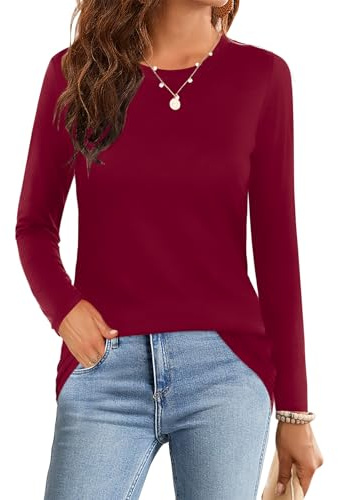 Elesomo Ladies Tops Crew Neck T-Shirts Long Sleeve Casual Plain T Shirts Women Blouses, Burgundy UK 18 20