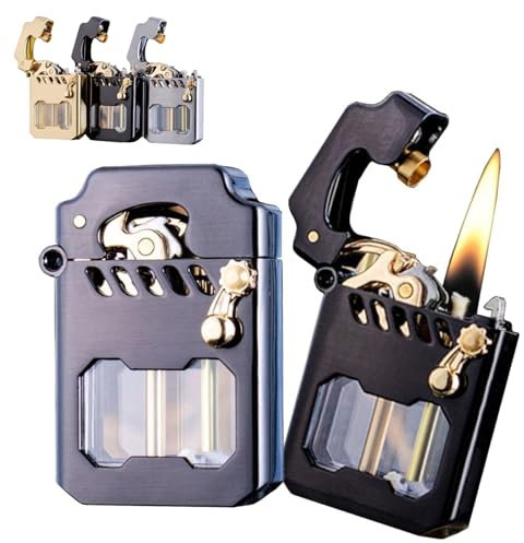 Mecha Metal Rocker Feuerzeug, Retro Metall Transparent Benzinfeuerzeug, Rocker Kerosin Winddichtes Feuerzeug, Nachfüllbar Winddicht für Outdoor Reisen, Camping (Black)