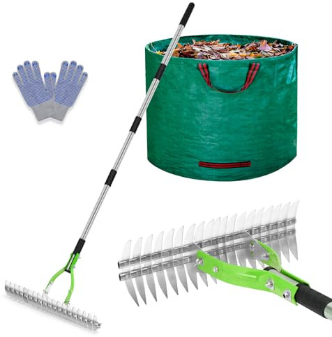 Lychee Rastrillo de jardín, rastrillos de paja de césped de 15 pulgadas para limpiar y girar el suelo, el rastrillo de tierra para patio y jardín viene con bolsa de hojas caídas de 19 galones y