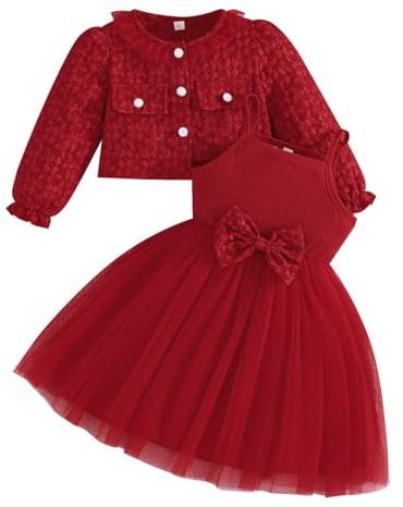 Yanmucy Ragazze Abiti e Cappotto Set 2 Pezzi Textured Stampa Floreale Abiti Manica Lunga Cardigan Neonata Vestiti per 2-8 Anni (IT, età, 8 Anni, Regular, Rosso)
