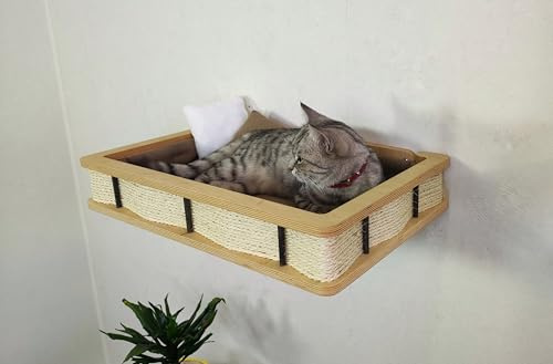 RshPets Väggkattsäng med kuddar och 2 dekorativa kuddar – vägghylla för katter av björkplywood – 55 cm kattliggyta – väggmonterad kattmöbel med mjuk stoppning och sisalkant (ljus färg)
