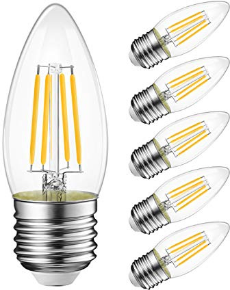 LVWIT B11 LED Filament Bulb E26 Chandelier Medium Base 2700K Warm White, 4W(60W Equivalent) 500 Lumens Non-Dimmable Decorative Candelabra Candle Light Bulb, Pack of 6