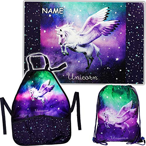 alles-meine.de GmbH Set: große - Schreibtischunterlage + Schürze + Beutel - Einhorn - Pegasus/Unicorn - inkl. Name - Kinderschürze - Unterlage - 60 cm * 40 cm - abwischbar - Sc..
