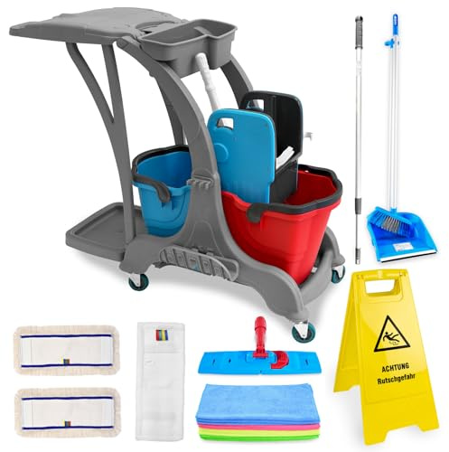 Hypafol Putzwagen Reinigungswagen Set | 2 x 25 l Eimer mit Wischmopp-Presse & Kehrgarnitur | 2X 50cm Baumwoll Wischmopp, 1x Mikrofaser-Mopp, 12 Mikrofasertücher | Warnschild „Achtung Rutschgefahr