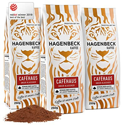 Hagenbeck Caféhaus 3x250g (750g) | Gemahlener Kaffee | Klassisch-vollkommenes Aroma | Mittelstarker Röstkaffee aus 100% Arabica-Mischung | Schonende Röstung | Kaffeebohnen gemahlen