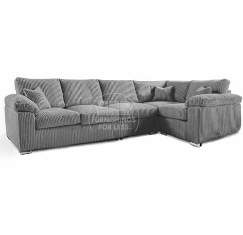 New Delta UK Made Large Long L Shape Corner Sofa Soft Jumbo Cord 5 Seater Padded Arms (Grey, Right Hand Facing 3 Corner 1)