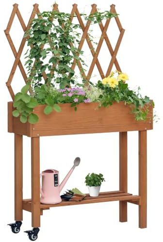 Outsunny Hochbeet mit Rankgitter, Balkon-Blumenkasten Braun 79x29x130 cm | mit Ablage, Pflanzkübel mit Rollen, Pflanzkasten für Terrasse, Massivholz