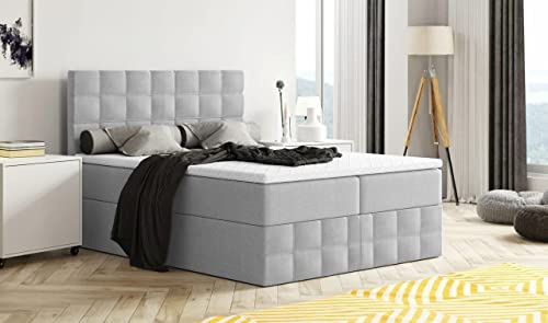 Generisch Moderne Boxspringbett MERA Premium Bett mit Bettkasten Ziernähten Bonell Matratze H3 Federkern Topper Polsterbett Doppelbett Schlafzimmer (Hellgrau - Aura 15, 120 x 200)