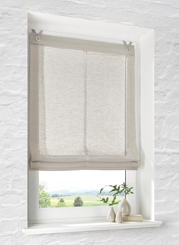 Raffrollo mit Ösen Brondy Taupe Natur halbtransparent Leinenoptik Raffgardine mit Hakenaufhängung ohne Bohren Breite 100 cm x Höhe 140 cm
