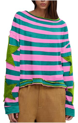 Free People Women's Oversized Star Print Drop Shoulder Sweatshirt, Y2K Loose Fit Long Sleeve Pullover Top for Spring Fall