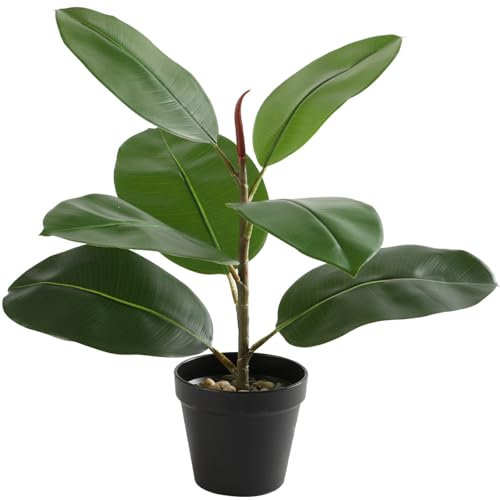 Artificial Rubber Tree - 16 Tall Faux Ficus Elastica Plant with Pot - Small Indoor Fake Tree for Home, Office, Living Room, Floor Decor, Tropical Artificial Plant for Modern Room Styling Light Color