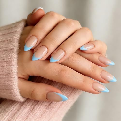 KQueenest Soft Gel Press On Nails French Tip - 30 Stück Blau Nägel zum Aufkleben Kurz Mandel, Natürlich Fake Nails Künstliche Fingernägel zum aufkleben, Acryl Full Cover French Nägel für Frauen
