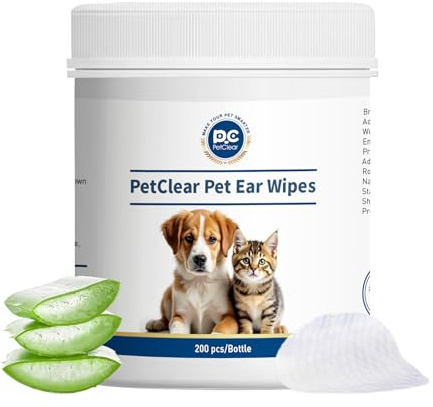 PETCLEAR Ohrenreiniger Hund & Katze 200 Stück | Einweg Ohrenpflege Pads Hund I Besonders Milde & Schonende Reinigung mit Aloe Vera für Hunde und Katzen | Pflege & Reinigung | 1 Dosen