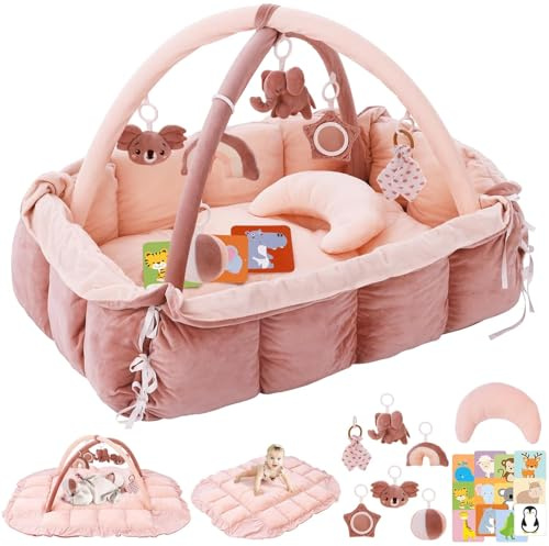 BOBY´S Baby Spielbogen mit Babynest & Krabbeldecke – Baby Gym mit Spielzeug – Spielmatte, Laufstall & Bällebad – weich gepolstert für Neugeborene (Rosa)