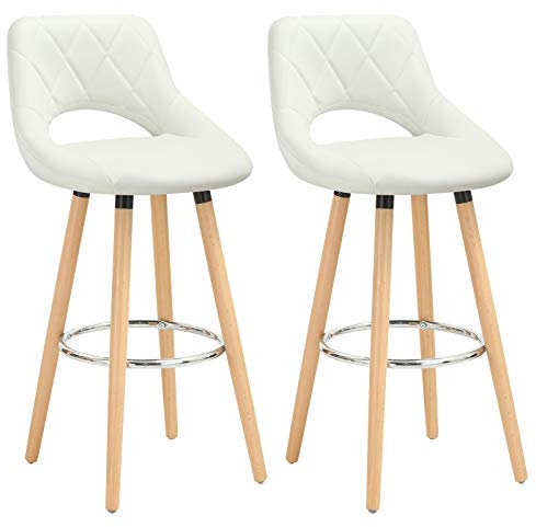 WOLTU Juego de 2 Taburetes Altos con Respaldo Ahuecado y Reposapiés, para Bistro, Cafeteria y Cocina, con Funda de Piel Sintética y Patas de Madera, Blanco
