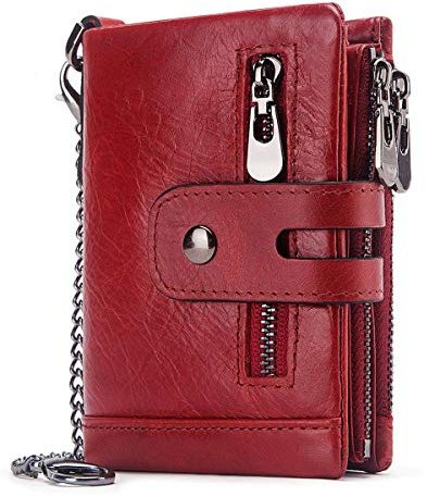 REETEE Geldbörse für Damen, RFID-Blockierung, Kleiner Reißverschluss, 16 Kartenfächer, aus Leder, Bifold Wallet mit Kette, Rot, Court paragraphe, Klassisch
