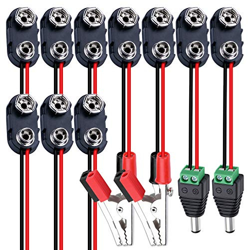 DAIERTEK 10pcs 9V Battery Connector 9 Volt Battery Snap Clip I Type with 2 Pairs of Alligator Clips and 2.1mm X 5.5mm DC Male Power Plug
