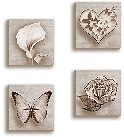 Lupia - Set 4 Quadri Moderni Shabby su Carta Telata, Pronti da Appendere, Decorazione Originale per Cucina e Ufficio, 16x16 cm, Carta, Idea Regalo bomboniera, Farfalla Calla Rosa e Cuore